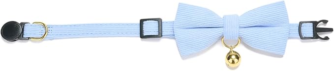 Soft Corduroy Cat Collar with Bell and Bowtie, Safety Breakaway Clasp, Adjustable for Kitten and Cats Blue Color.