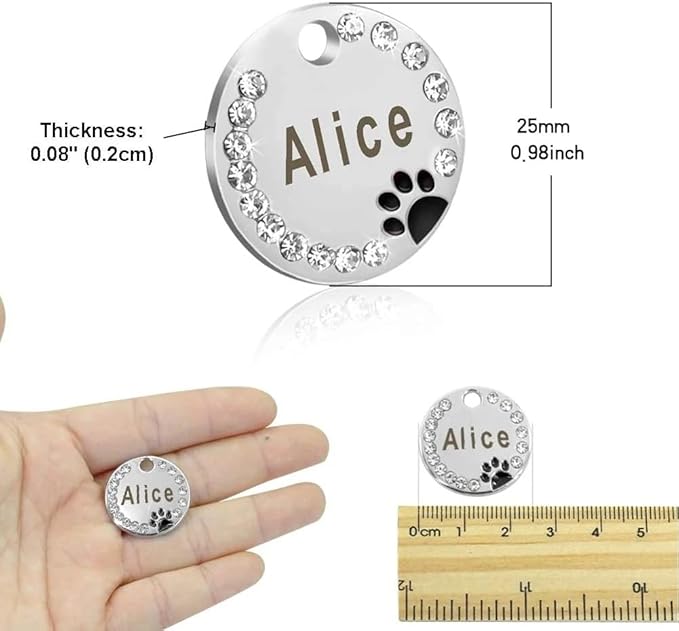 Personalized Dog/Cat Cute Paw Pet ID Tag for Pet Collar or Key Chain - Custom Laser Engraved Unique Dog/cat Name tag with Phone Number (White, Crystals Round-Small)
