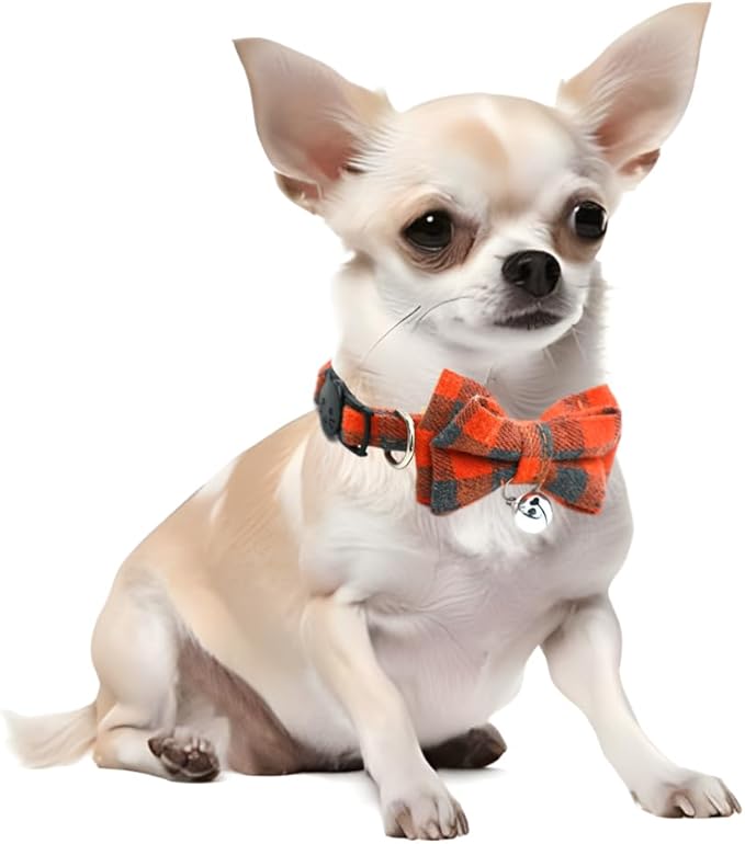 Orange Plaid Bow Cat Collar with Bell, Breakaway Kitten Bell Collar with Bowtie Christmas Dog Collars Boy for XXS Xs Small Tiny Little Pet Dogs Girl Kitten, for Hoilday Birthday Party