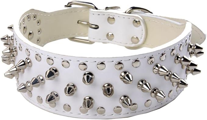 Serijoars Spiked Studded Dog Collar, PU Leather Dog Collar, Adjustable Pet Collars for Medium or Large Breed Pet (S, White)