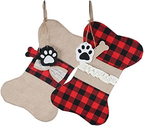 Christmas Plaid Pet Stocking - Buffalo Plaid Doggy Bone Puppy Dog Paw 2 pc