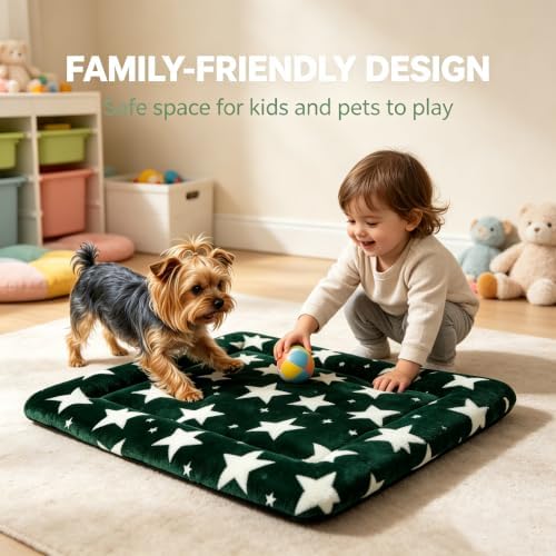 Dog Bed Mat,Reversible & Ultra Soft Kennel Pad-Machine Washable Pet Bed for Dogs & Cats-All-Weather Crate Liner for Crates,Carriers & Travel (Big Star&Green, 24.0" L x 18.0" W x 1.5" Th)