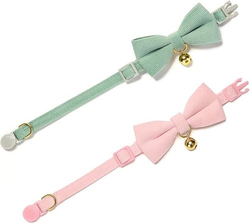 2 Pack Soft Corduroy Cat Collars with Bow Tie & Bell Adjustable Breakaway Bowtie Kitten Collar for Girl Boy Kittens(Pink & Grass Green)