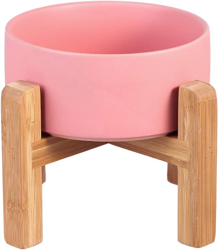 Ceramic Elevated Raised Cat Bowl with Wood Stand No Spill Pet Food Water Feeder Cats Small Dogs