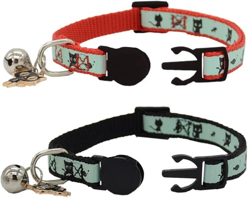 2 Pack Glow in The Dark Cat Collar with Bell Breakaway Safety Cat Puppy Collars with Pendant Red and Black