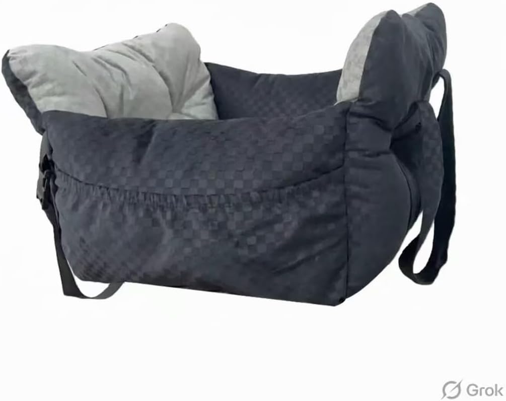 Dog Car Seat Bed for Small & Medium Dogs, with Built-in Safety Belt, Anti-Anxiety Calming Sofa Bed, Portable & All-Season Soft Pet Car Bed with Bonus Squeaky Duck Toy (Black and White Checkered)
