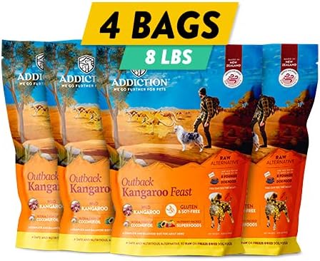 Addiction Outback Kangaroo Feast Air-Dried Grain-Free Dog Food – Complete Meal or Topper with Natural Ingredients for Digestive and Skin & Coat Health, 2lb - 4 Packs