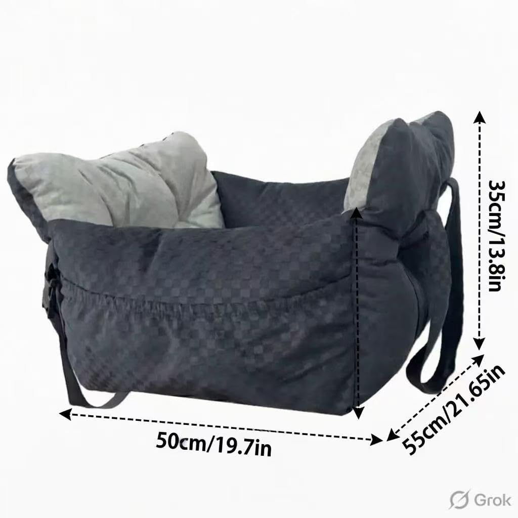 Dog Car Seat Bed for Small & Medium Dogs, with Built-in Safety Belt, Anti-Anxiety Calming Sofa Bed, Portable & All-Season Soft Pet Car Bed with Bonus Squeaky Duck Toy (Black and White Checkered)