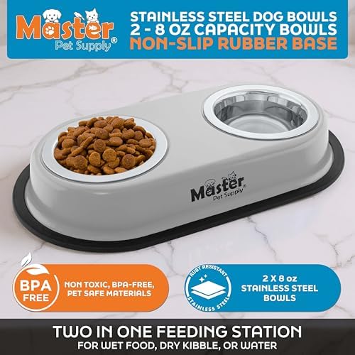Master Pet Supply Double Dog Bowls Set with Elevated Base and 2 (8 oz) Stainless Steel Removable Dishes (Light Gray) – Double Cat Food Water Bowl, Dog Puppy Food Bowl Set, Rust Resistant