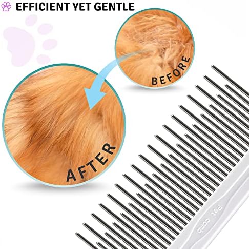 Pet Grooming Bundle - Detangling Pet Comb with Long & Short Stainless Steel Teeth for Removing Matted Fur, Knots & Tangles + Slicker Brush for Small and Large Dogs with Curly Hair