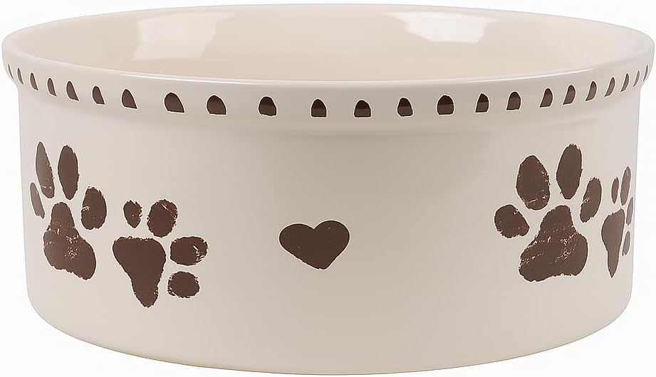 Ceramic Dog Bowl 55oz Heavy Duty Pet Food and Water Bowl for Medium Large Dogs Non Slip Weighted Dog Dish with Paw Print and Heart Design Easy to Clean