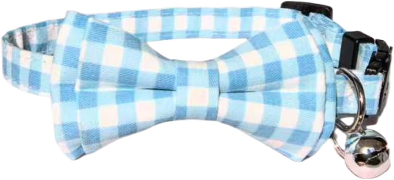 Bow Tie Cat Collar Breakaway with Bell Safety, Removable Bowtie, Adjustable Kitten Collars for Girl Boy Kitty Small Pets, 7"-11" Plaid Blue