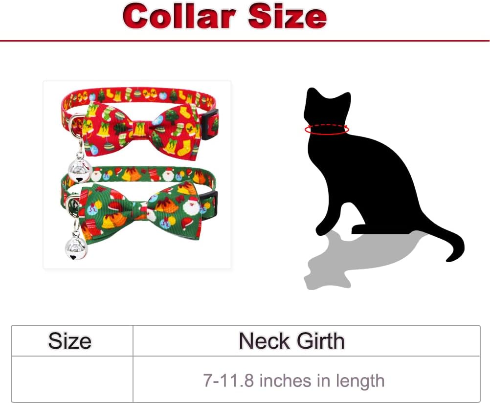 2 Pack Christmas Cat Collar with Bow Tie and Bell X-mas Breakaway Kitten Collars with Bowtie Safety Red and Green