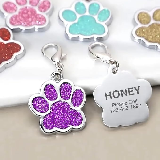 Cute Personalized Pet Name Tags for Cats/Dogs - Glitter Custom pet id tag, Dog id Tags Engraved for Pets, Customizable cat tag, pet Collar Charms, Dog Name tag (Paw-Shaped-Small: Blue)
