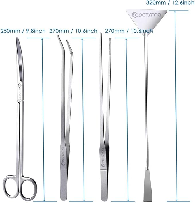 Capetsma Aquascape Long Stainless Steel Plant Tools Set - Aquarium Tweezers, Scissors, Spatula, Algae Scrapers - Fish Tank Cleaning Kit