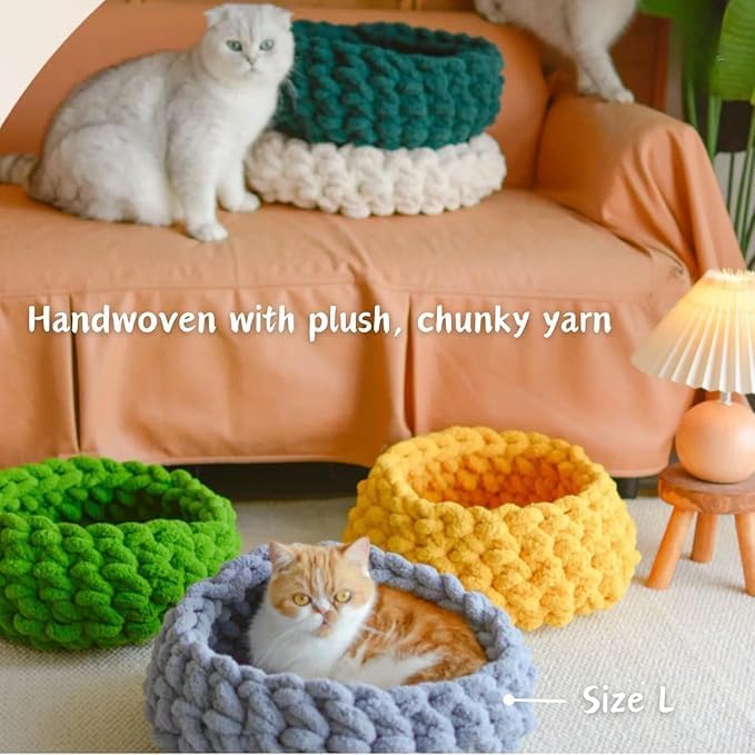 Cat Nest Bed - Premium Self Warming Handwoven Washable Extra Soft Round Cave House for Indoor Kitten & Kitty, Small & Large (Grayish Blue,Medium)