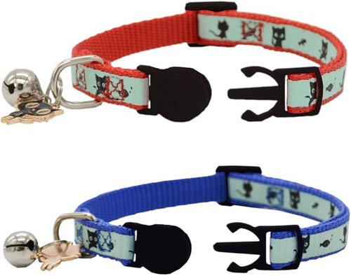 2 Pack Glow in The Dark Cat Collar with Bell Breakaway Safety Cat Puppy Collars with Pendant Red and Blue