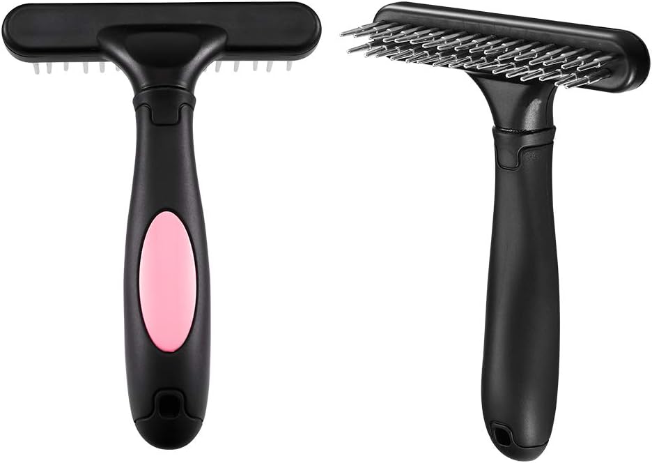 Pet Grooming Rake - Double Row Pins Shedding and Dematting Undercoat Rake Comb for Dogs, Cats, Matted, Short, Long Hair Coats - Safe Grooming & Deshedding Brush - Comb Out Mats & Tangles Easily