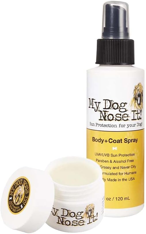 My Dog Nose It! Sun Protection for Dogs - Moisturizing Balm for Dog's Noses and Water Resistant Coat & Body Spray - Protect Your Dog from Harmful UVA/UVB Rays (0.5 oz Balm & 4 oz Spray Bundle)