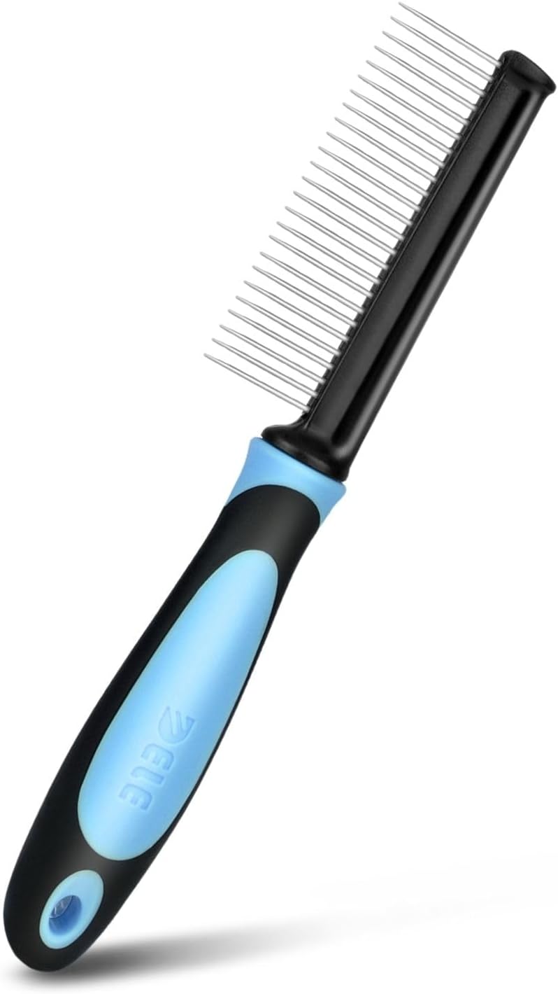 Flexzion Metal Dog Comb for Grooming and Dematting, Blue Soft-Grip Handle | Detangling Pet Comb for Dogs and Cats with Rounded Stainless Steel Teeth and a Non-Slip Grip