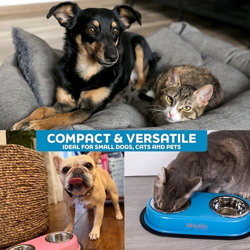 Master Pet Supply Double Dog Bowls Set with Elevated Base and 2 (8 oz) Stainless Steel Removable Dishes (Light Gray) – Double Cat Food Water Bowl, Dog Puppy Food Bowl Set, Rust Resistant
