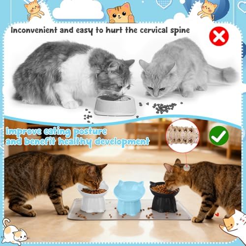 3 Pcs Elevated Cat Bowls 15°Raised Cat Food Bowl with Silicone Mat Blue | Whisker Friendly Anti Vomiting Cats Dishes Pet Food and Water Bowls for Indoor Cats Kittens