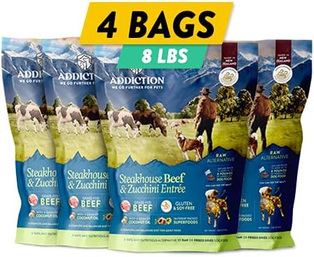 Addiction Steakhouse Beef & Zucchini Air-Dried Grain-Free Dog Food – Complete Meal or Topper with Natural Ingredients for Digestive and Skin & Coat Health, 2lb - 4 Packs