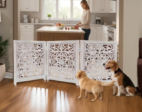 Croft&Cane Wooden Foldable Pet Dog Gate - Hand Carved 3-Panel 60 W x 24 H | Suzani White Wash Freestanding Portable Puppy Dog Fence - Solid Wood & MDF Indoor Doorway Hallway Stairs Safety Barrier