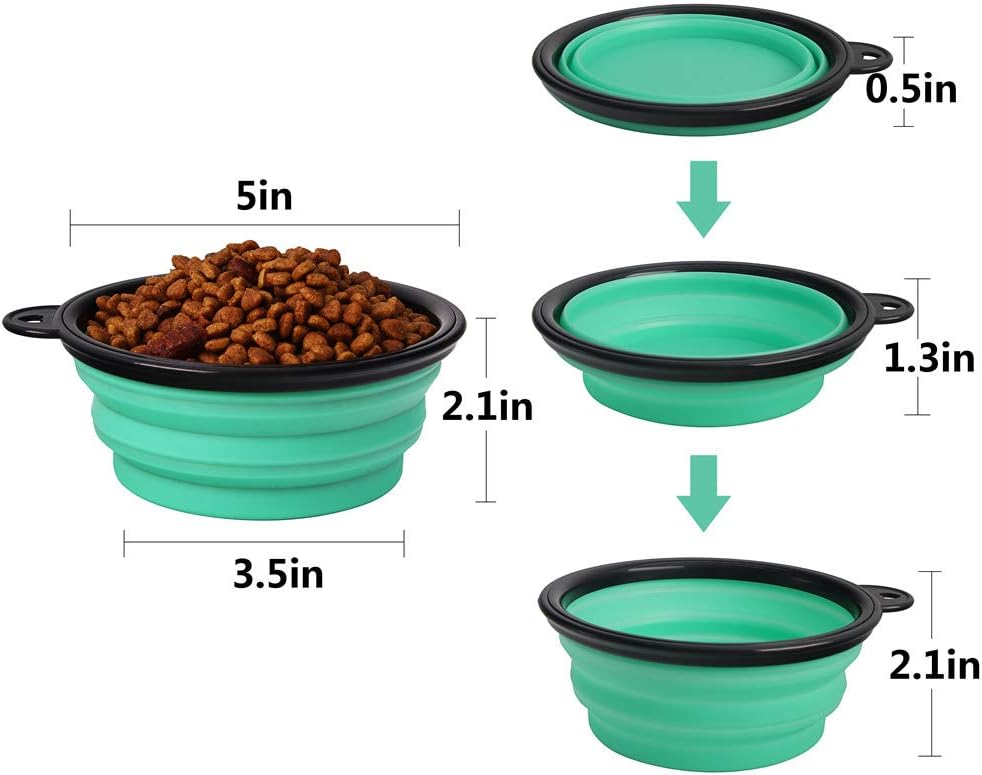 SLSON Collapsible Pet Bowl Dog Bowls 2 Pack, Portable Silicone Pet Feeder, Foldable Expandable for Dog/Cat Food Water Feeding, Travel Bowl for Camping (Light Blue+Light Green)