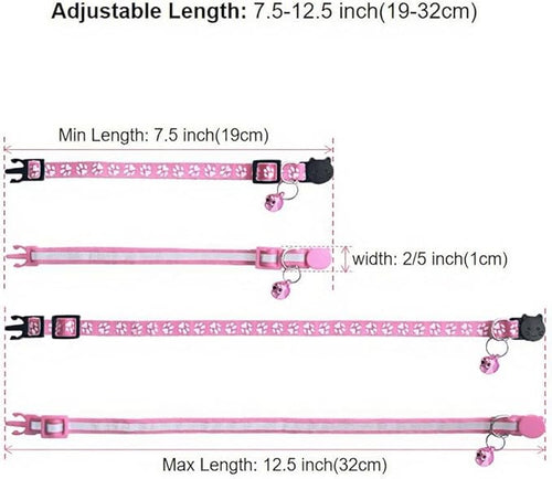 2 Pack Breakaway Cat Collars with Bells, Reflective Design and Claw Print Design, Safety Buckle Kitten Collars Adjustable from 7.5 to 12.5 Inches (Pink)