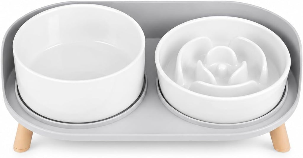 Elevated Slow Feeder Dog Bowls with Splash Proof Stand, Slow Eating 5X | 6.5″ Dog Slow Feeding Bowls & 6.1″ Dog Food Dish, Non-Slip Raised Food and Water Bowl Set for Small and Medium Breeds, White