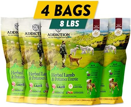 Addiction Herbed Lamb & Potatoes Air-Dried Grain-Free Dog Food – Complete Meal or Topper with Natural Ingredients for Digestive and Skin & Coat Health, 2lb - 4 Packs