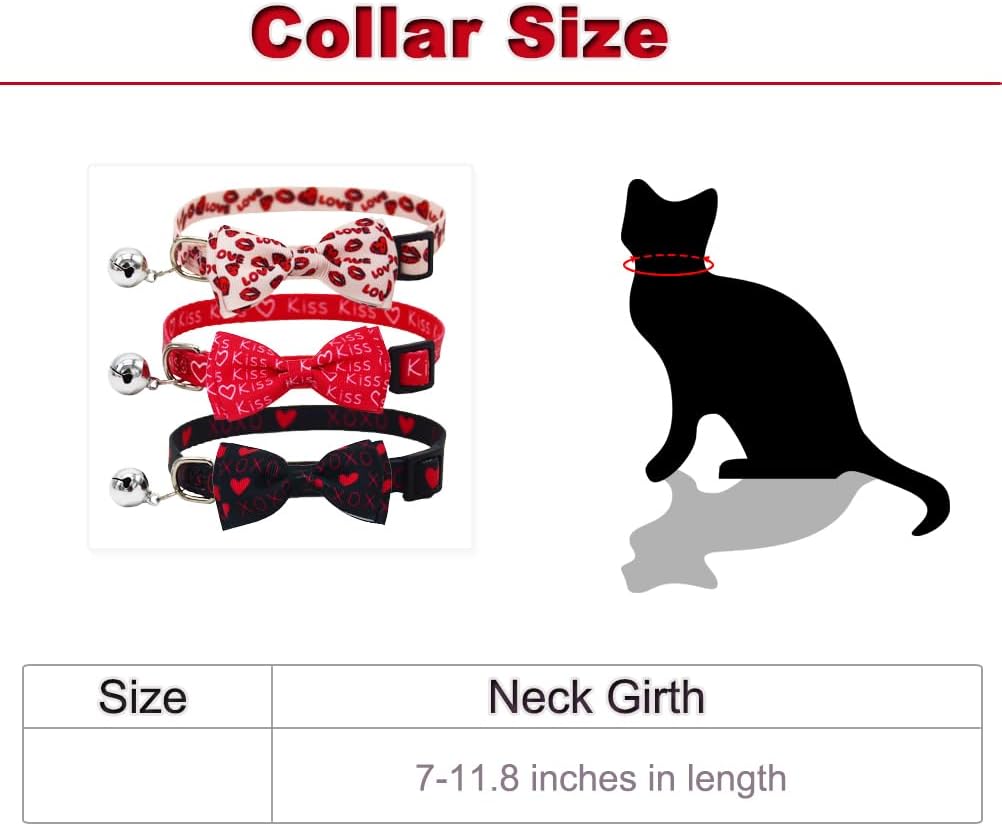 3PCS Valentines Day Cat Collar with Bow Tie and Bell Heart Love Red Lips Kiss XOXO Pattern for Small Medium Large Kitten Black Pink and Red