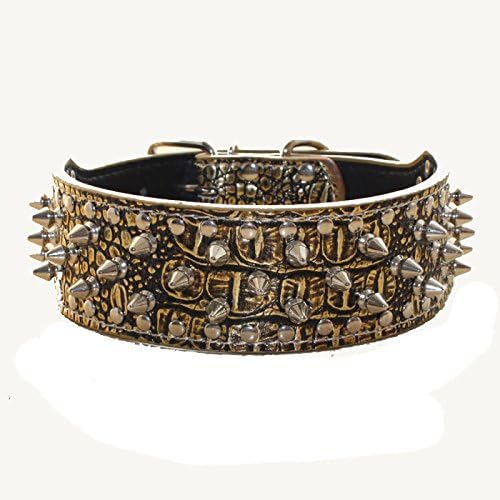 Serijoars Spiked Studded Dog Collar, PU Leather Dog Collar, Adjustable Pet Collars for Medium or Large Breed Pet (XL, Gold Brown)
