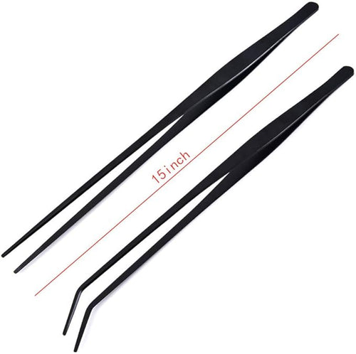 2 Pack Aquarium Forceps, 15 inch Long Handle Aquarium Tweezers Stainless Steel Straight and Curved Tweezers Set for Fish Tank Aquatic Plants Long Handle Reptile Feeding Tongs, Black