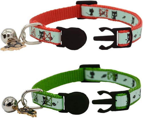 2 Pack Glow in The Dark Cat Collar with Bell Breakaway Safety Cat Puppy Collars with Pendant Red and Green