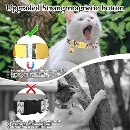 Personalized Breakaway Cat Collars - Magnetic Buckle, Bell - Safety Quick Release, Customized for Girls & Boys Cats - Houndstooth