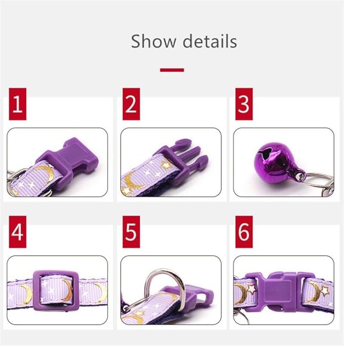 Reflective Cat Collars Breakaway with Bell Moons Stars 2 Pack Girl Boy Pet Kitten Collar Adjustable 7.5-12.5 Inch (Purple)