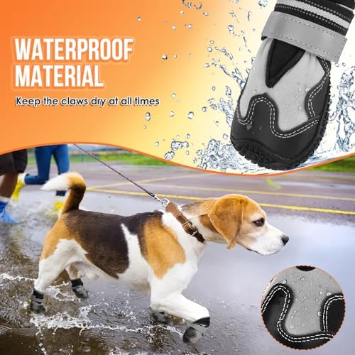 SlowTon Dog Boots for Winter Snow - Waterproof Fleece Lined Dog Shoes | Soft Rubber Dog Booties for Outdoor Walking Hiking Rain, Paw Protector for Large Small Medium Dogs, Grey - White Stitching, 7