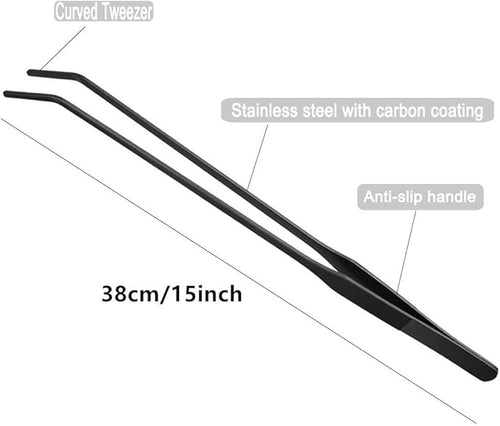 15 inch Black Curved Aquarium Tweezers Stainless Steel Curved Tweezer with Carbonation Protection Coating Against Rust Long Reptiles Feeding Tongs for Aquatic Plants Lizards Spider Snakes