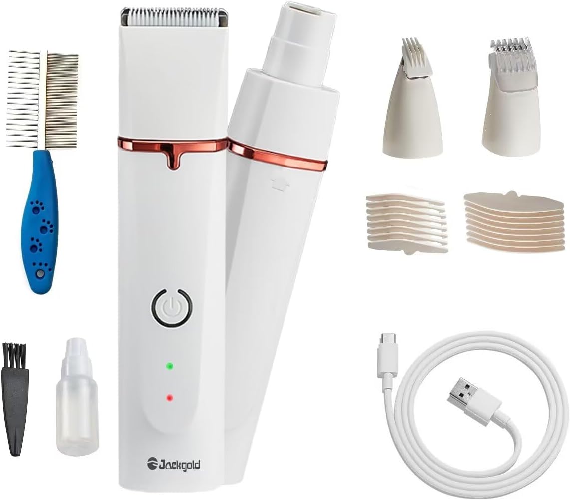 Dog Grooming Clippers Kit,Electric Rechargeable Cat Trimmer Tools,4 in 1 Multifunctional Low Noise Pet Shaver,Nail Grinder Haircutting System,Razor for Body Feet Paw Face Ears Nails Eyes,Hair Trimmer