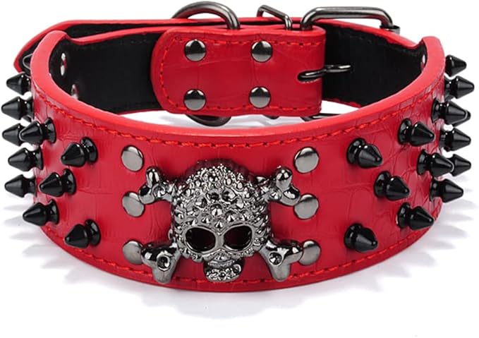 Serijoars Spiked Studded Dog Collar, PU Leather Dog Collar, Adjustable Pet Collars for Medium or Large Breed Pet (XL, Red2)