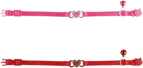 2 Pcs Cat Collars Heart Bling Breakaway with Bell Nylon Adjustable for Kitty (Pink+red)