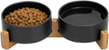 Ceramic Cat and Small Dog Bowl Set – Modern Indoor Small Size Pet Food and Water Bowls with Wood Stand – Non Slip Puppy Sized Feeding Station with Double Dishes (Black)