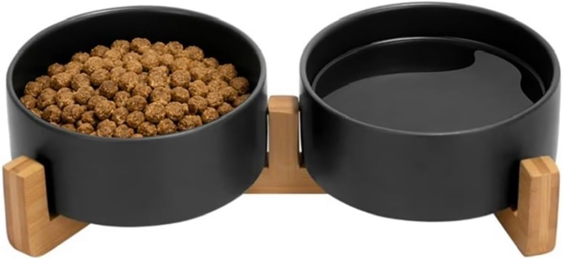 Ceramic Cat and Small Dog Bowl Set – Modern Indoor Small Size Pet Food and Water Bowls with Wood Stand – Non Slip Puppy Sized Feeding Station with Double Dishes (Black)