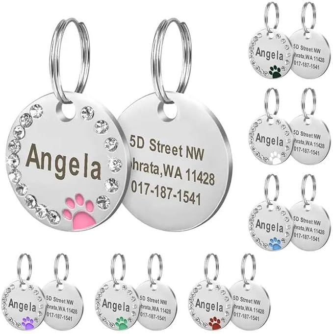 Personalized Dog/Cat Cute Paw Pet ID Tag for Pet Collar or Key Chain - Custom Laser Engraved Unique Dog/cat Name tag with Phone Number (Green, Crystals Round-Small)