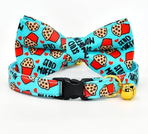 Cat Collar Bow Set, Blue Stud Muffin Cake, Wedding/Birthday Breakaway Collar Bowtie for Kitten/Cat