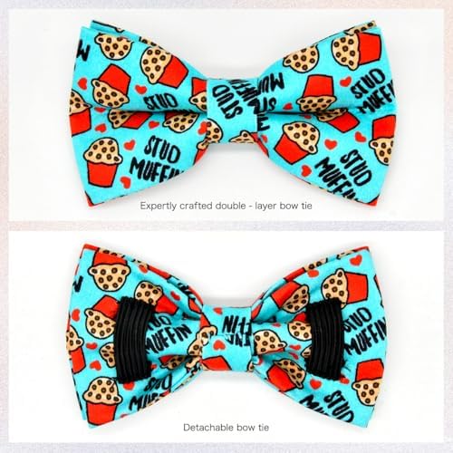 Cat Collar Bow Set, Blue Stud Muffin Cake, Wedding/Birthday Breakaway Collar Bowtie for Kitten/Cat