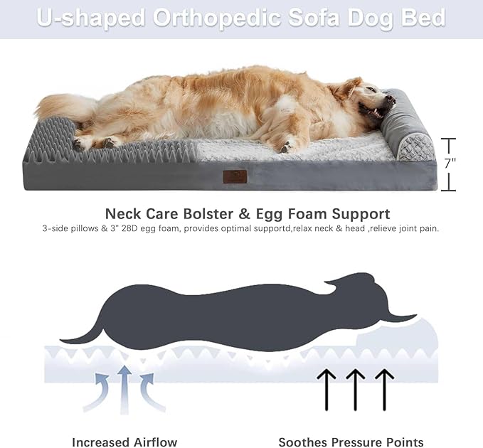 WNPETHOME Orthopedic Dog Beds for Extra Large Dogs, Waterproof Memory Foam XL Pet Bed with Sides, Non-Slip and Egg-Crate Foam Big Dog Couch Bed with Washable Removable Cover, Grey