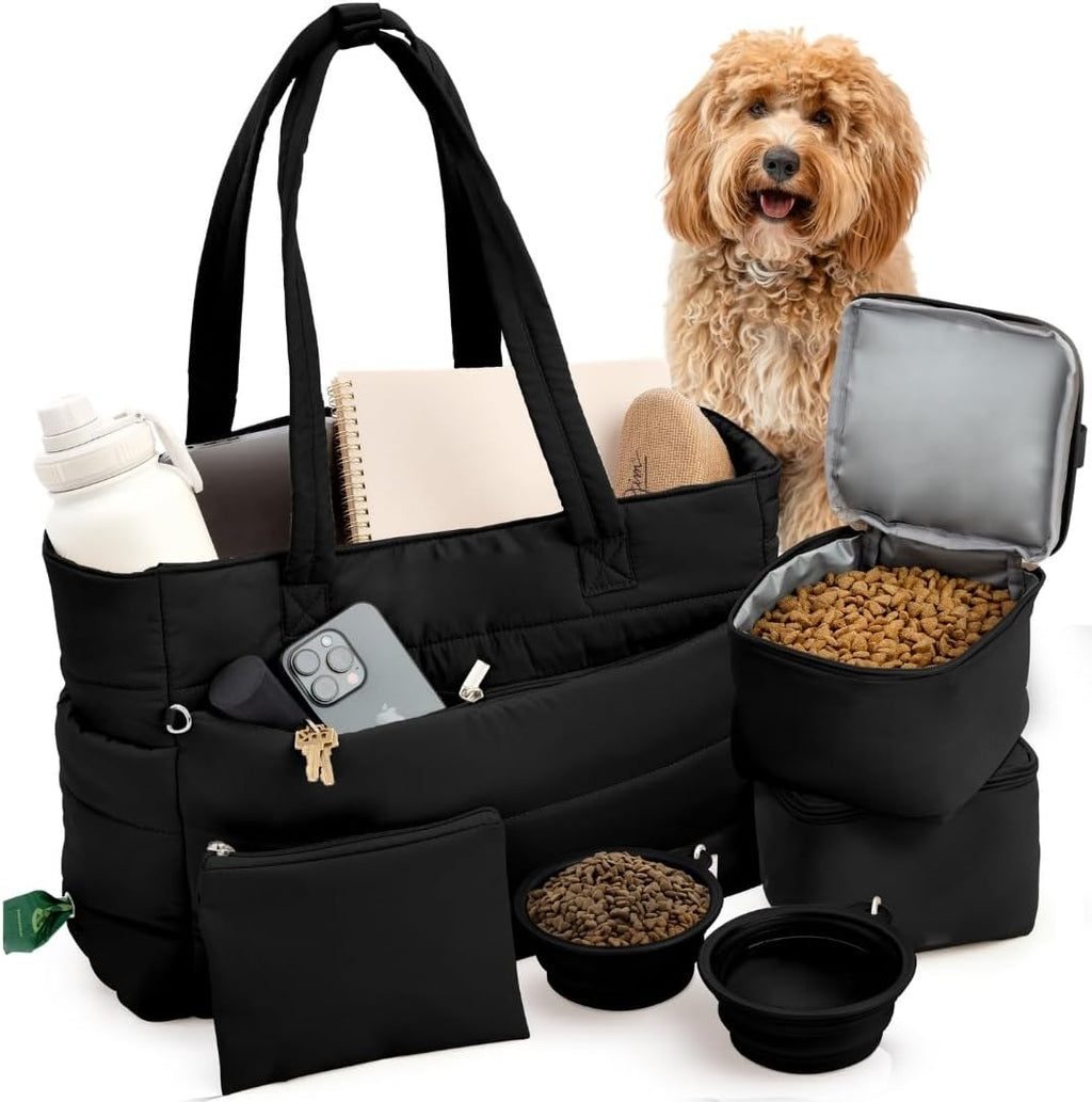 Puffer Dog Travel Bag for Dog Moms, Diaper Bag with Travel Bowls | 2 BPA-Free Collapsible Bowls, 2 Pet Food Containers, 9 Pockets, Everyday Puffer Bag Works With or Without Your Dog, Black